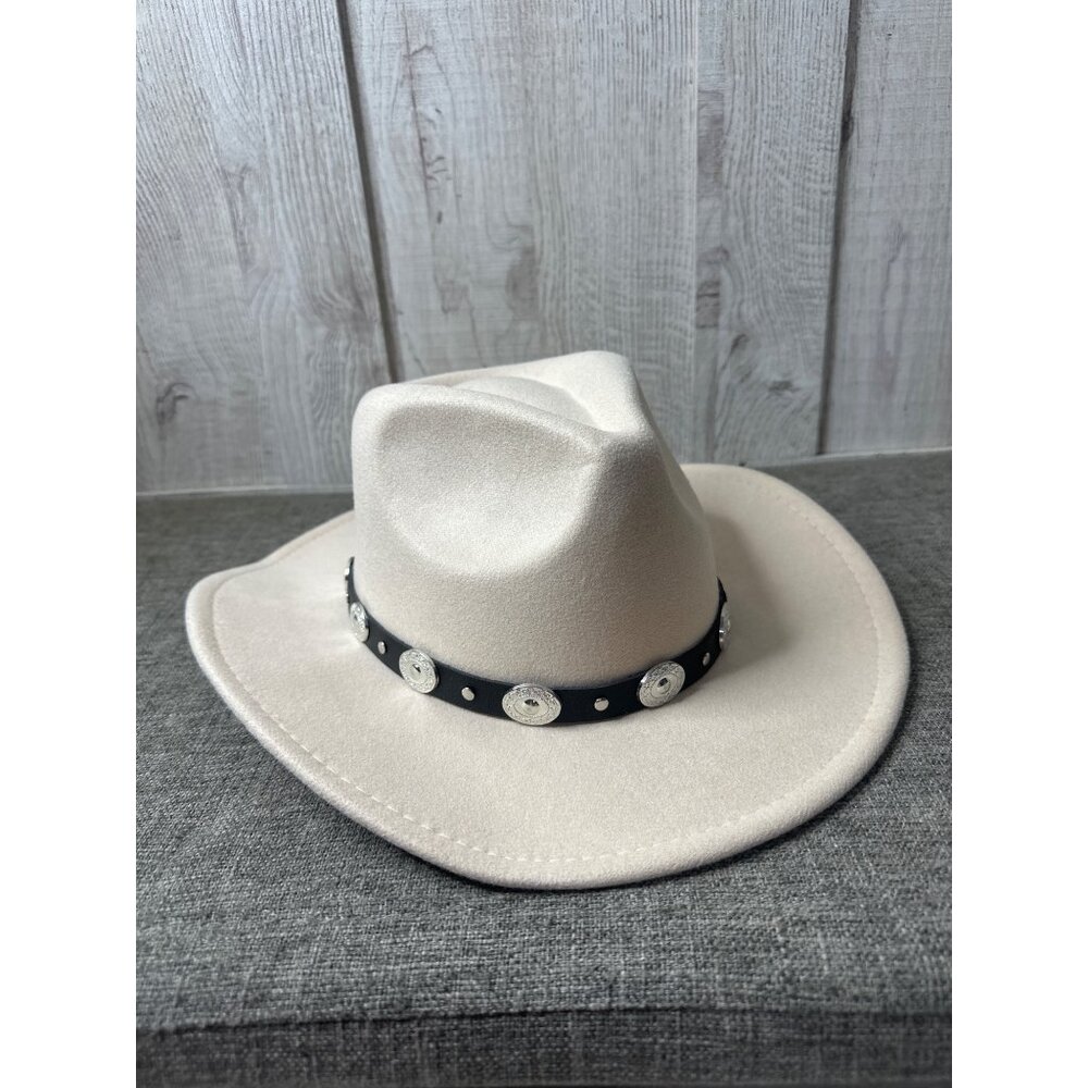 Beige Felt Wide Brim Western Cowboy Adj Size Hat w/ Black Band & Silver Conchos